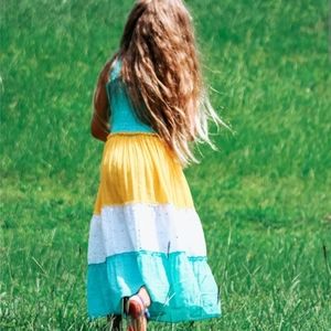 Girls Cotton Maxi Dress. Gypsy Style Maxi Dress. Color Block Maxi Summer Dress.